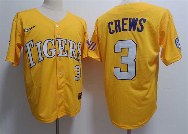 Mens LSU Tigers #3 ylan Crews Gold 2023 Stitched Baseball Jersey Dzhi